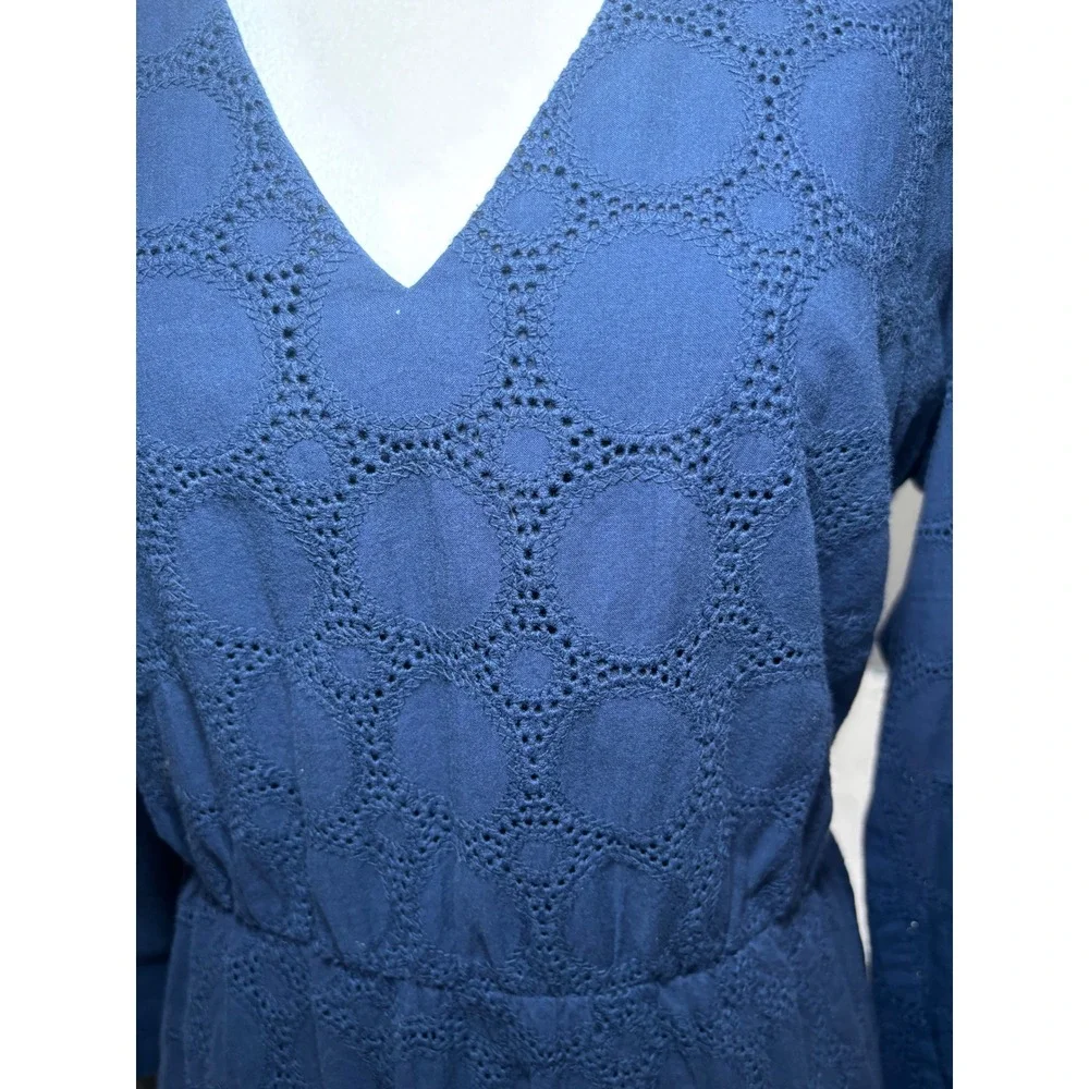J.Crew Navy Blue Eyelet‎ Cotton Mini Dress 12 V-Neck Long Sleeve Lined Scallop